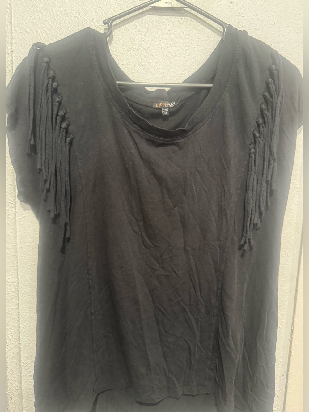 Copper Key Black Short Sleeve Top with Fringe Accent